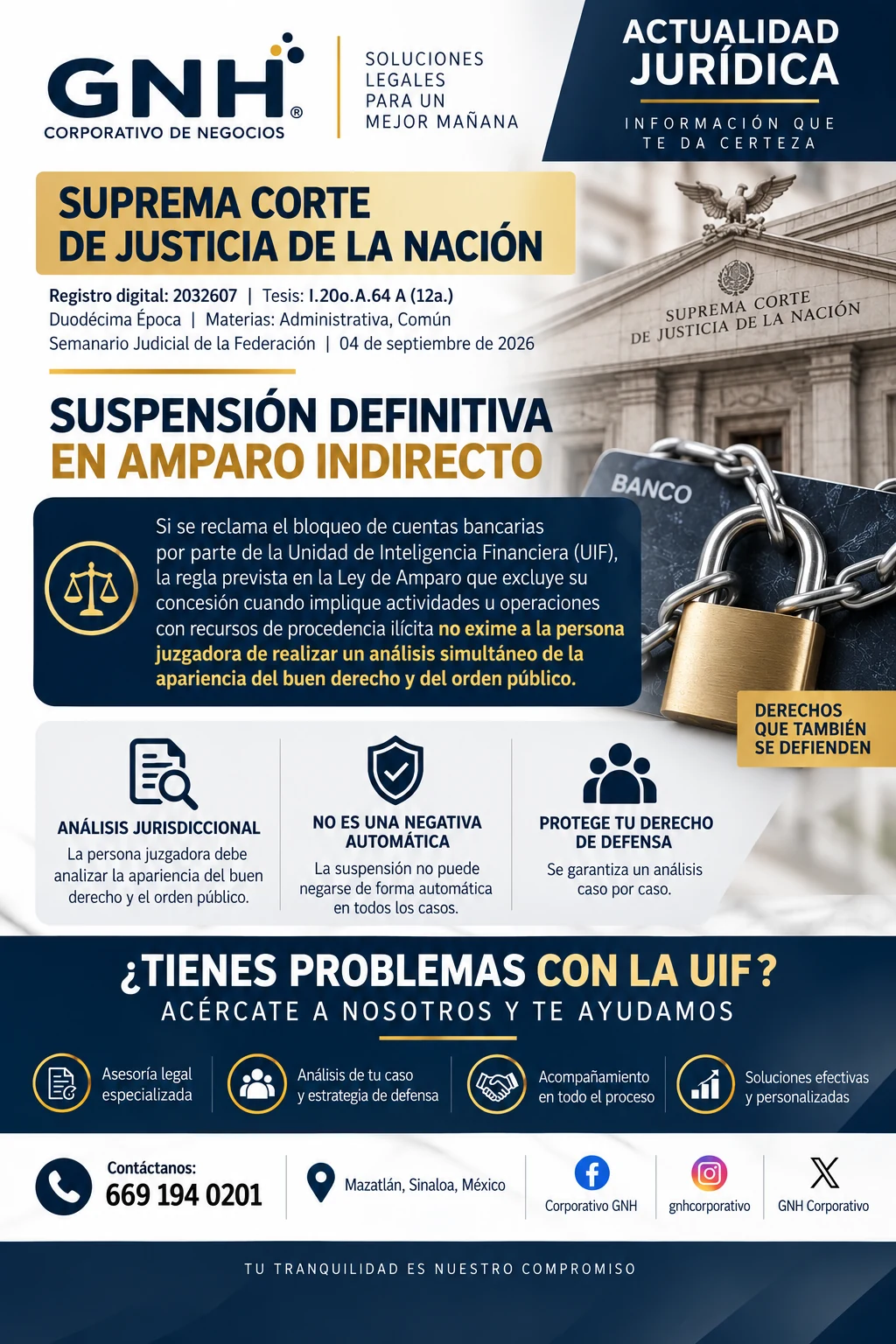 Infografía de GNH sobre suspensión definitiva en amparo indirecto y bloqueos de cuentas por la UIF