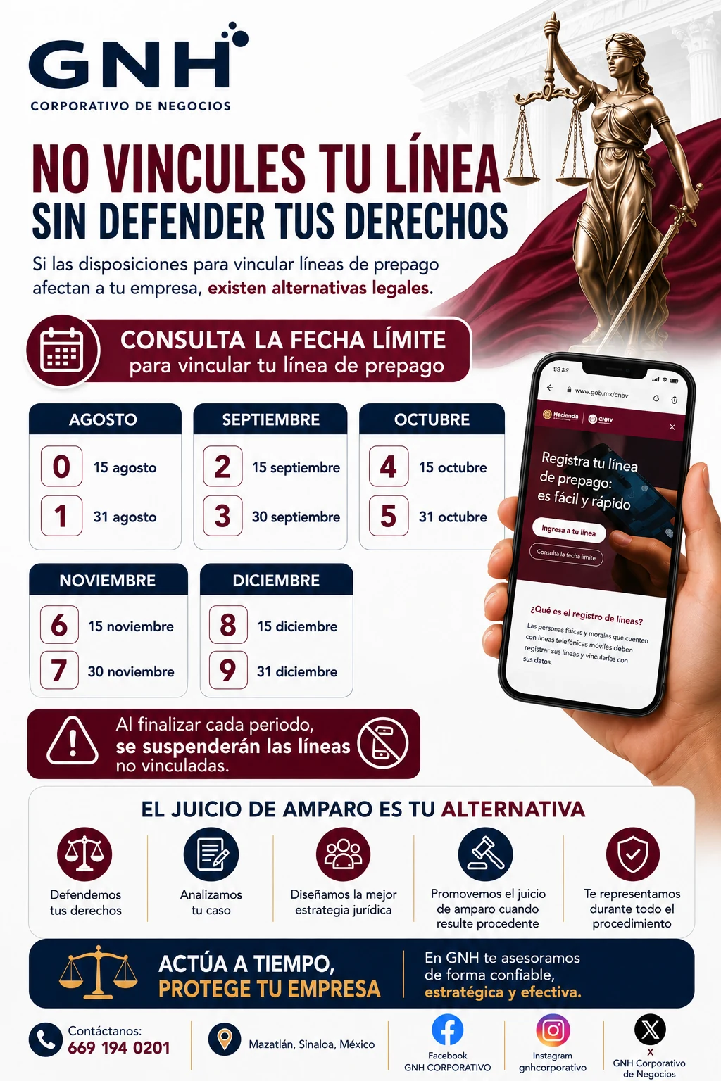 Infografía de GNH sobre fechas para vincular líneas de prepago y alternativas legales